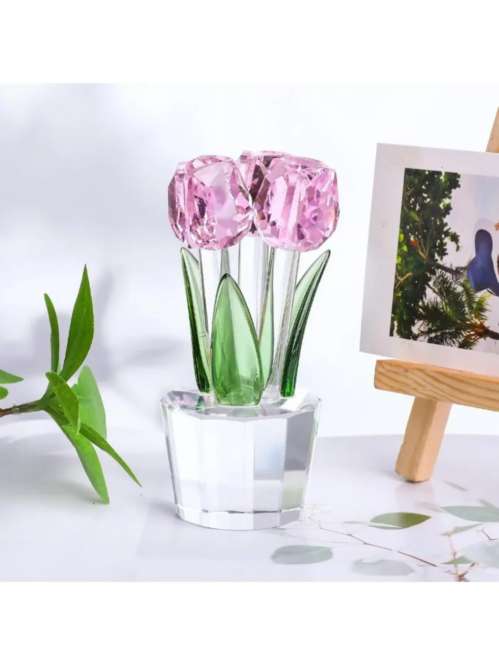 Elegant Pink Crystal Tulip Figurine with Vase - Collectible Glass Flower Decor